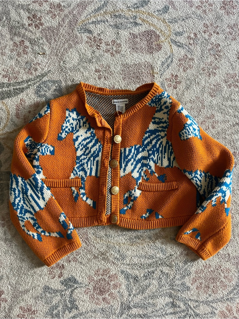 Amazon Essentials Orange Knit Cardigan with Blue & White Zebra Motif